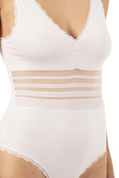 Özkan 25432 Kadın Pamuklu Süprem Tül Detaylı Önü Büzgülü Dantelli Çıtçıtlı Kancalı Body - Thumbnail