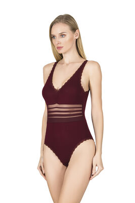 Özkan Underwear - Özkan 25432 Kadın Pamuklu Süprem Tül Detaylı Önü Büzgülü Dantelli Çıtçıtlı Kancalı Body