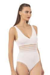 Özkan 25432 Kadın Pamuklu Süprem Tül Detaylı Önü Büzgülü Dantelli Çıtçıtlı Kancalı Body - Thumbnail