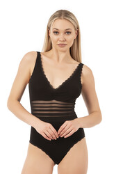 Özkan 25432 Kadın Pamuklu Süprem Tül Detaylı Önü Büzgülü Dantelli Çıtçıtlı Kancalı Body - Thumbnail