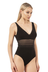 Özkan 25432 Kadın Pamuklu Süprem Tül Detaylı Önü Büzgülü Dantelli Çıtçıtlı Kancalı Body - Thumbnail