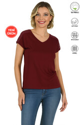 Özkan 25465 Kadın Bordo Vorteks Viskon Premium Kumaş Likralı Omzu Dantel Detaylı Örme Bluz - Thumbnail