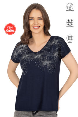 Özkan Underwear - Özkan 25501 Kadın Vorteks Viskon Premium Kumaş Örme Bluz Önü Baskılı Likralı V Yaka Kısa Kollu 