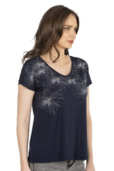 Özkan 25501 Kadın Vorteks Viskon Premium Kumaş Örme Bluz Önü Baskılı Likralı V Yaka Kısa Kollu - Thumbnail