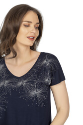 Özkan 25501 Kadın Vorteks Viskon Premium Kumaş Örme Bluz Önü Baskılı Likralı V Yaka Kısa Kollu - Thumbnail