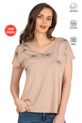 Özkan 25501 Kadın Vorteks Viskon Premium Kumaş Örme Bluz Önü Baskılı Likralı V Yaka Kısa Kollu - Thumbnail