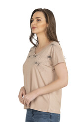 Özkan 25501 Kadın Vorteks Viskon Premium Kumaş Örme Bluz Önü Baskılı Likralı V Yaka Kısa Kollu - Thumbnail