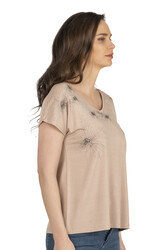 Özkan 25501 Kadın Vorteks Viskon Premium Kumaş Örme Bluz Önü Baskılı Likralı V Yaka Kısa Kollu - Thumbnail