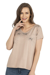 Özkan 25501 Kadın Vorteks Viskon Premium Kumaş Örme Bluz Önü Baskılı Likralı V Yaka Kısa Kollu - Thumbnail