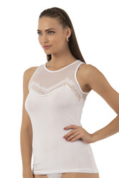 Özkan 25513 Kadın Pamuklu Likralı Önü Tül Detaylı Esnek Rahat Süprem Robalı Atlet - Thumbnail