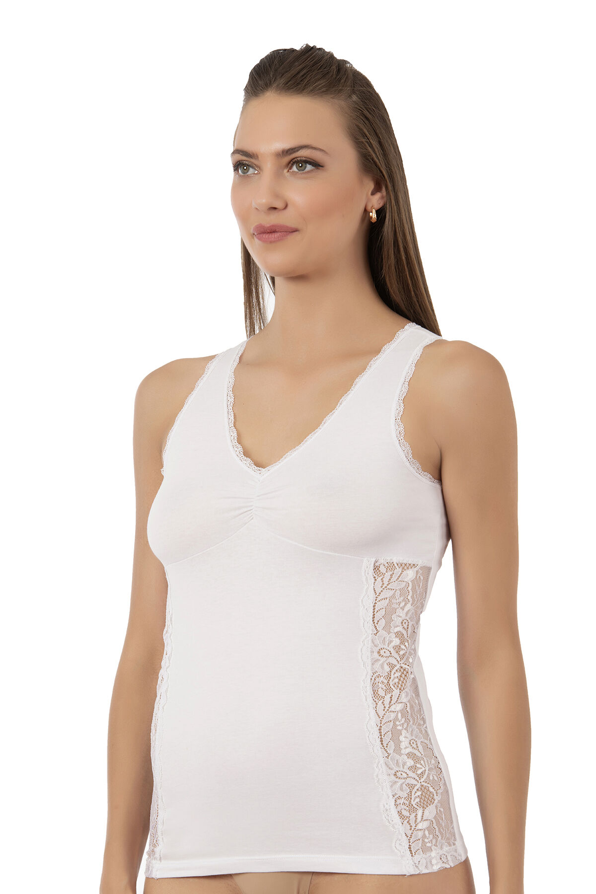 Özkan 25586 Kadın Pamuklu V Yaka Dantel Detaylı Kalın Askılı Süprem Atlet