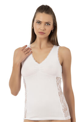 Özkan Underwear - Özkan 25586 Kadın Pamuklu V Yaka Dantel Detaylı Kalın Askılı Süprem Atlet