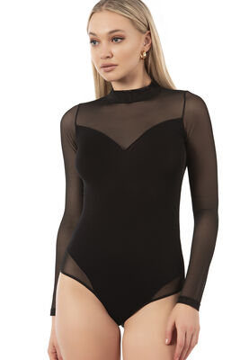 Özkan Underwear - Özkan 25633 Kadın Ring Viskon Yarım Balıkçı Yaka Tül Detaylı Uzun Kollu Kancalı Çıtçıtlı Body