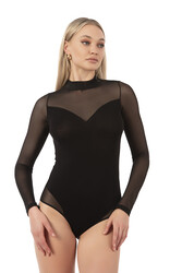 Özkan 25633 Kadın Ring Viskon Yarım Balıkçı Yaka Tül Detaylı Uzun Kollu Kancalı Çıtçıtlı Body - Thumbnail