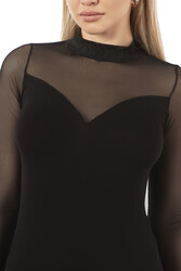 Özkan 25633 Kadın Ring Viskon Yarım Balıkçı Yaka Tül Detaylı Uzun Kollu Kancalı Çıtçıtlı Body - Thumbnail