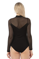 Özkan 25633 Kadın Ring Viskon Yarım Balıkçı Yaka Tül Detaylı Uzun Kollu Kancalı Çıtçıtlı Body - Thumbnail