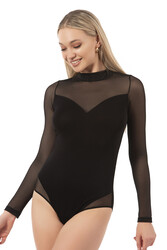 Özkan 25633 Kadın Ring Viskon Yarım Balıkçı Yaka Tül Detaylı Uzun Kollu Kancalı Çıtçıtlı Body - Thumbnail