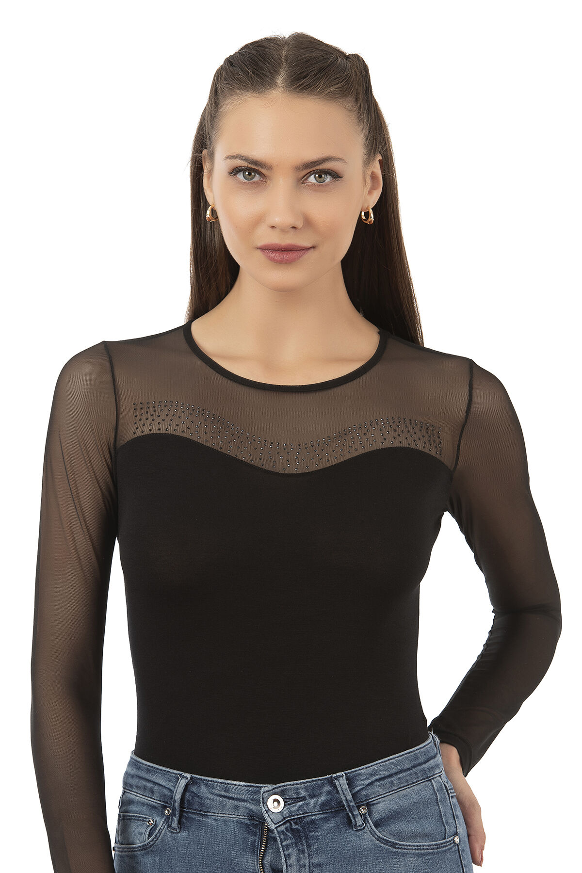 Özkan 25766 Kadın Ring Viskon Bisiklet Yaka Tül Detaylı Yakası Taş Detaylı Uzun Kollu Kancalı Çıtçıtlı Body