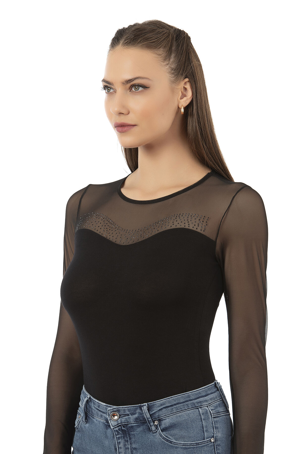 Özkan 25766 Kadın Ring Viskon Bisiklet Yaka Tül Detaylı Yakası Taş Detaylı Uzun Kollu Kancalı Çıtçıtlı Body