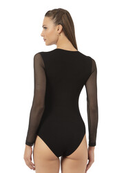 Özkan 25766 Kadın Ring Viskon Bisiklet Yaka Tül Detaylı Yakası Taş Detaylı Uzun Kollu Kancalı Çıtçıtlı Body - Thumbnail