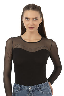 Özkan Underwear - Özkan 25766 Kadın Ring Viskon Bisiklet Yaka Tül Detaylı Yakası Taş Detaylı Uzun Kollu Kancalı Çıtçıtlı Body