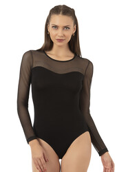 Özkan 25766 Kadın Ring Viskon Bisiklet Yaka Tül Detaylı Yakası Taş Detaylı Uzun Kollu Kancalı Çıtçıtlı Body - Thumbnail