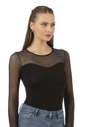 Özkan 25766 Kadın Ring Viskon Bisiklet Yaka Tül Detaylı Yakası Taş Detaylı Uzun Kollu Kancalı Çıtçıtlı Body - Thumbnail