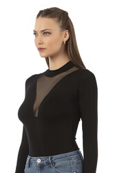 Özkan 25783 Kadın Ring Viskon Yarım Balıkçı Yaka Uzun Kollu Yakası Tül Detaylı Kancalı Çıtçıtlı Body - Thumbnail