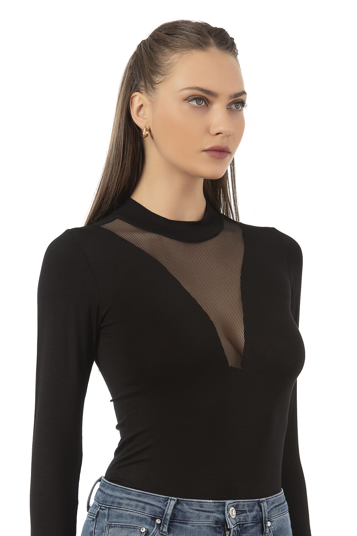 Özkan 25783 Kadın Ring Viskon Yarım Balıkçı Yaka Uzun Kollu Yakası Tül Detaylı Kancalı Çıtçıtlı Body