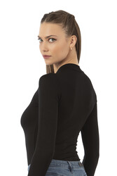 Özkan 25783 Kadın Ring Viskon Yarım Balıkçı Yaka Uzun Kollu Yakası Tül Detaylı Kancalı Çıtçıtlı Body - Thumbnail