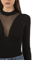 Özkan 25783 Kadın Ring Viskon Yarım Balıkçı Yaka Uzun Kollu Yakası Tül Detaylı Kancalı Çıtçıtlı Body - Thumbnail