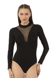 Özkan 25783 Kadın Ring Viskon Yarım Balıkçı Yaka Uzun Kollu Yakası Tül Detaylı Kancalı Çıtçıtlı Body - Thumbnail