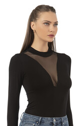 Özkan 25783 Kadın Ring Viskon Yarım Balıkçı Yaka Uzun Kollu Yakası Tül Detaylı Kancalı Çıtçıtlı Body - Thumbnail