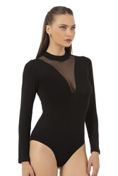 Özkan 25783 Kadın Ring Viskon Yarım Balıkçı Yaka Uzun Kollu Yakası Tül Detaylı Kancalı Çıtçıtlı Body - Thumbnail