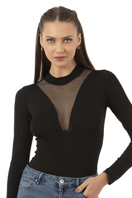 Özkan Underwear - Özkan 25783 Kadın Ring Viskon Yarım Balıkçı Yaka Uzun Kollu Yakası Tül Detaylı Kancalı Çıtçıtlı Body