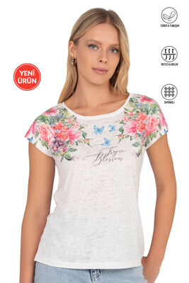 Özkan Underwear - Özkan 25792 Kadın Viskon Premium Kumaş Kısa Kollu Örme Bluz Önü Baskılı Likralı