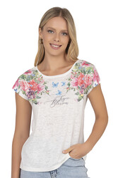 Özkan 25792 Kadın Viskon Premium Kumaş Kısa Kollu Örme Bluz Önü Baskılı Likralı - Thumbnail