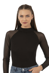 Özkan 25818 Kadın Ring Viskon Yarım Balıkçı Yaka Tül Detaylı Uzun Kollu Kancalı Çıtçıtlı Body - Thumbnail