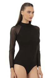 Özkan 25818 Kadın Ring Viskon Yarım Balıkçı Yaka Tül Detaylı Uzun Kollu Kancalı Çıtçıtlı Body - Thumbnail