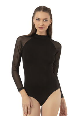 Özkan Underwear - Özkan 25818 Kadın Ring Viskon Yarım Balıkçı Yaka Tül Detaylı Uzun Kollu Kancalı Çıtçıtlı Body (1)