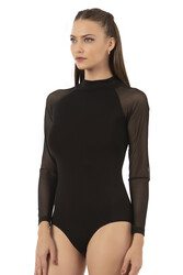 Özkan 25818 Kadın Ring Viskon Yarım Balıkçı Yaka Tül Detaylı Uzun Kollu Kancalı Çıtçıtlı Body - Thumbnail