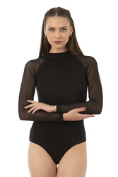 Özkan 25818 Kadın Ring Viskon Yarım Balıkçı Yaka Tül Detaylı Uzun Kollu Kancalı Çıtçıtlı Body - Thumbnail