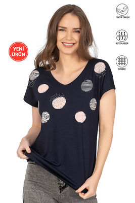 Özkan Underwear - Özkan 25862 Kadın Lacivert Vorteks Viskon Premium Kumaş Örme Bluz Önü Baskılı V Yaka Kısa Kollu