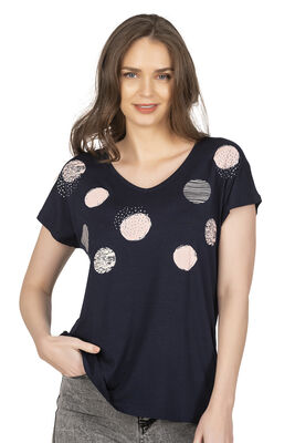 Özkan Underwear - Özkan 25862 Kadın Lacivert Vorteks Viskon Premium Kumaş Örme Bluz Önü Baskılı V Yaka Kısa Kollu (1)