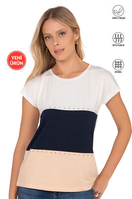 Özkan Underwear - Özkan 25874 Kadın Vorteks Viskon Premium Kumaş Taş Detaylı Kısa Kollu Örme Bluz