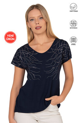 Özkan Underwear - Özkan 25908 Kadın Vorteks Viskon Premium Kumaş Taş Detaylı Likralı Kısa Kollu Örme Bluz