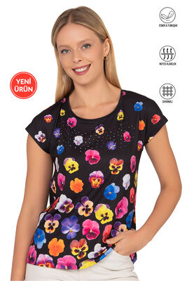 Özkan Underwear - Özkan 25909 Kadın Esnek Rahat Çiçek Baskılı Likralı Kısa Kollu Örme Bluz