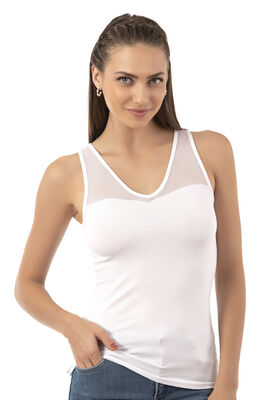 Özkan Underwear - Özkan 26531 Kadın Pamuklu Modal V Yaka Tül Detaylı Kalın Askılı Atlet