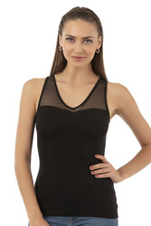 Özkan 26531 Kadın Pamuklu Modal V Yaka Tül Detaylı Kalın Askılı Atlet - Thumbnail