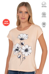 Özkan 26533 Kadın Vorteks Viskon Premium Kumaş Önü Çiçek Baskılı Kısa Kollu Örme Bluz - Thumbnail